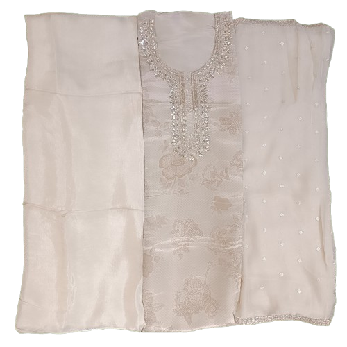 [KC KHEL TISSUE] Off White Beautiful Self Print Suit with Heavy Work And Dupatta 